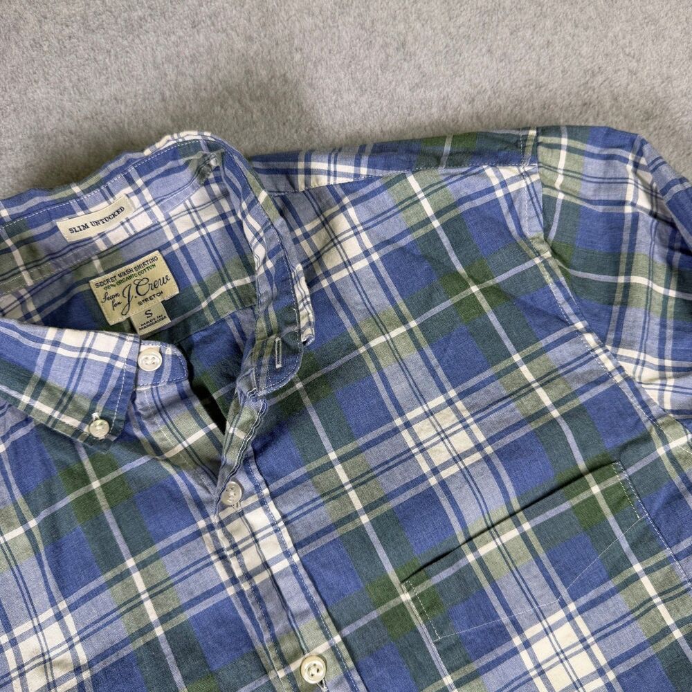 J.Crew Secret Wash Shirt Mens S Blue Green Plaid Slim Untucked Organic Cotton